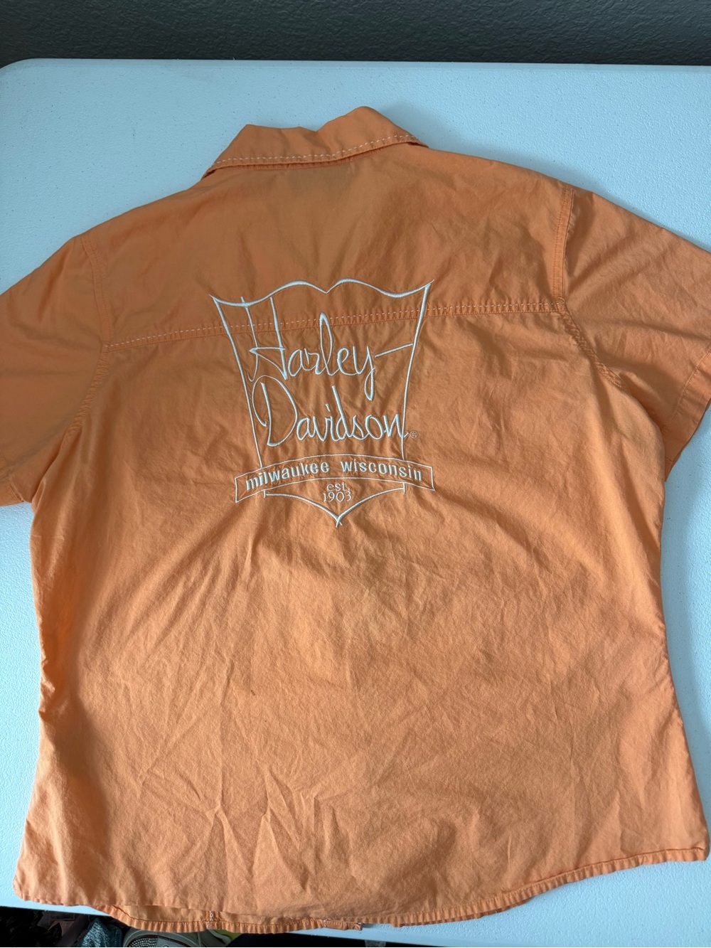 Harley-Davidson Orange Short Sleeve Button-Down with White Logo Back XL